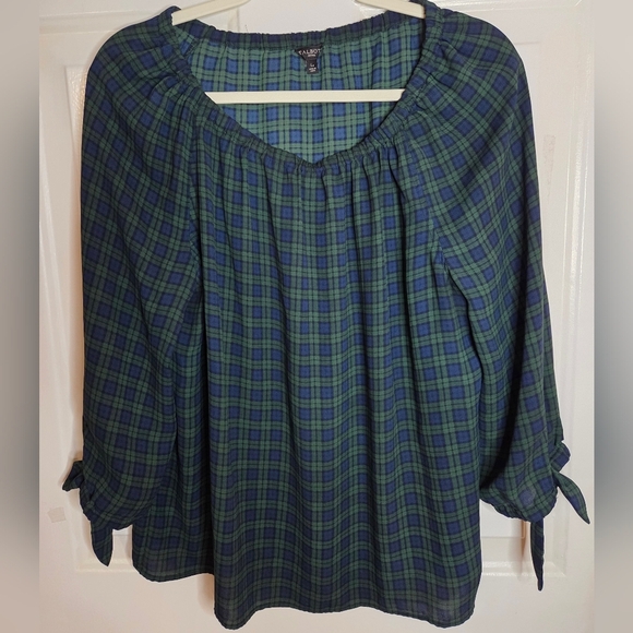 Talbots Green Navy Plaid Off Shoulder Blouse Large Petite - Picture 2 of 5